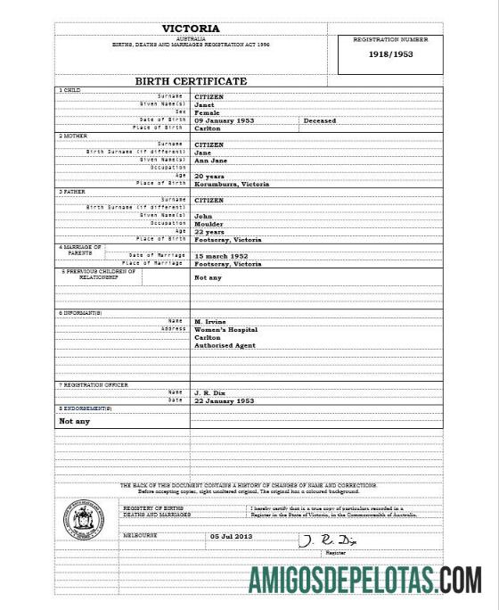 Realista modelo de certidão de nascimento Victoria da Austrália em formato Word, versão 1